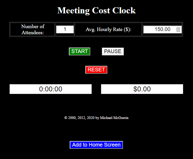 Screenshot of the Meeting Cost Clock