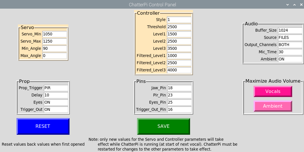 Screenshot of Chatter Pi Configuration Control Panel