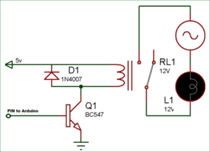 Relay and driver circuit, showing transistor, diode, and resistor