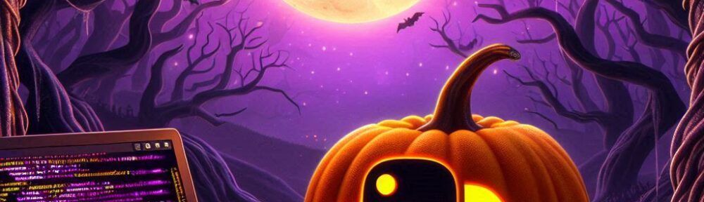 An AI-generated image. bats fly overhead, with a full moon visible. On the left is a laptop showing some computer code. In the middle is a pumpkin with the Python logo carved in it. There is also a black cat with green glowing eyes.