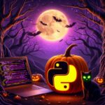 An AI-generated image. bats fly overhead, with a full moon visible. On the left is a laptop showing some computer code. In the middle is a pumpkin with the Python logo carved in it. There is also a black cat with green glowing eyes.