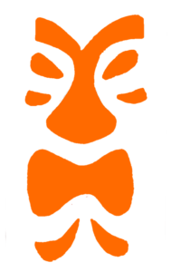 A silhouette of a tiki face. It has a large nose, a large open mouth, and some other features. 