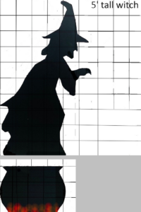 Baack silhouettes of a witch and a cauldron, drawn to scale with vertical and horizontal scaling lines.