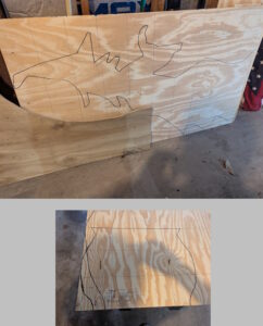 Two images, one of the witch outline and one of the cauldron outline. Each is sketched onto a piece of plywood, along with scaling lines. 