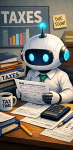 An image, generated by ChatGPT, of a robot looking at IRS tax forms, with a book on taxes on the shelf and a coffee cup with the text "tax time" on it. 