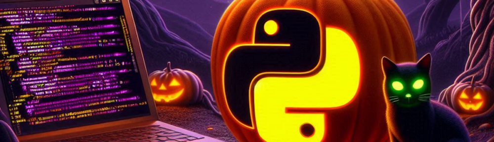Halloween themed image of laptop with code, pumpkin with python logo, and black cat