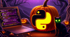 Halloween themed image of laptop with code, pumpkin with python logo, and black cat